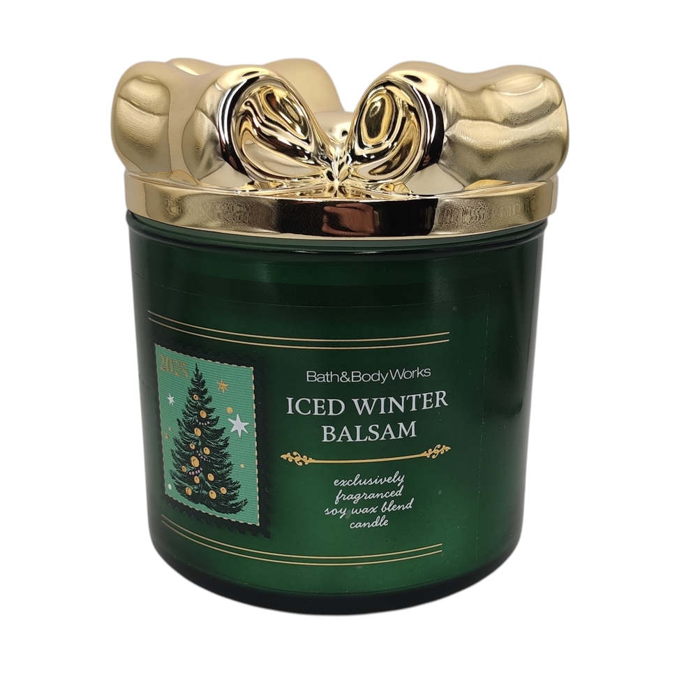 Bath & Body Works Iced Winter Balsam 3 Wick Candle Gold Ribbon Topper